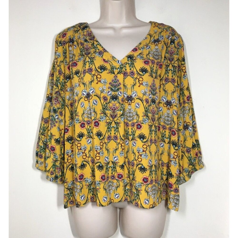 St Johns Bay V-Neck Top PXXL Mustard Floral 3/4 Sleeve Flowy Rayon Boho Bust 49"